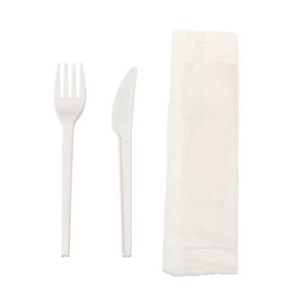 3 IN 1 CUTLERY SET- CPLA 16CM KNIFE,FORK & NAPKIN 100/PK &500/BX