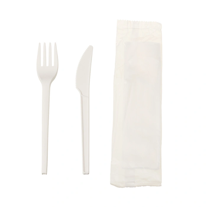 3 IN 1 CUTLERY SET- CPLA 16CM KNIFE,FORK & NAPKIN 100/PK &500/BX